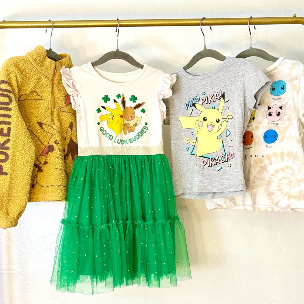 Kids Shamrock Pikachu Green and White Dress and Pokémon Shirts/Quarter Zip